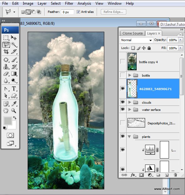 Message in a Bottle, bottle splashing in waves, Rough Water Surface, copy space, james bond island, close up of water wave, bubbles, tropic landscape, sea, ocean corals, seascape photomanipulation.